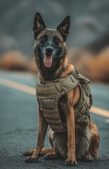 Happy belgian malinois dog wearing a military green tactical vest sitting on asphalt road outdoors