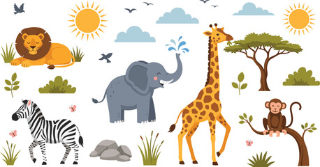 Cute African Safari Animals Scene with Lion, Elephant, Giraffe, Zebra, Monkey, Sun, Trees and Savanna Nature Cartoon Vector IllustrationCute African Safari Animals Scene with Lion, Elephant, Giraffe,  © Md