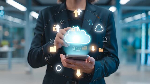 Cloud Technology at Hand: A professional uses the cutting-edge cloud technology on a handheld device. Reflecting the modern concepts of connectivity.