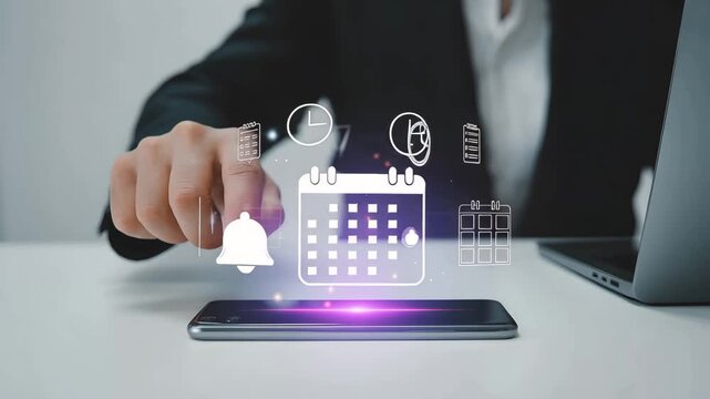 Business Scheduler: An elegant image featuring a professional figure interacts with a digital calendar interface on a smart phone.