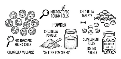 Naklejka premium Chlorella vulgaris illustration depicting microscopic round cells, powder, chlorella tablets, supplement pills, and round tablets