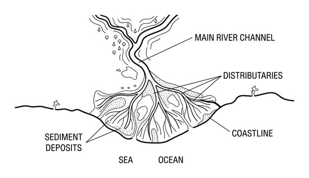Diagram of river delta showing main channel distributaries coastline and sediment deposits vector illustration