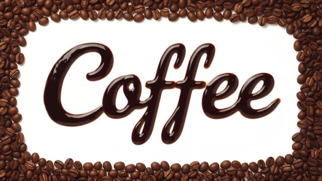 The word "Coffee" artistically rendered in a rich, dark liquid substance, resembling melted chocolate or syrup, creating an appealing visual display on a clean white background, thoughtfully framed