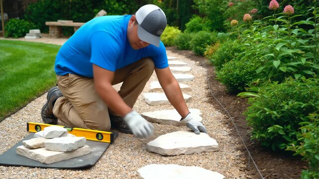 Man diligently creates a charming new garden path by precisely laying natural stepping stones, meticulously working on an outdoor landscape project to enhance the beauty and functionality of his