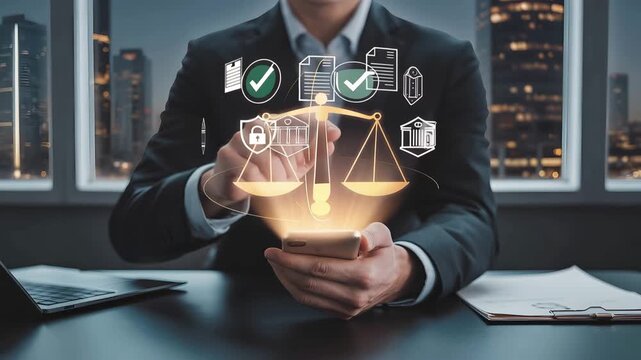 Legal Tech: Modern Legal Representation: A legal professional interacts with a digital scale of justice, signifying the integration of technology in modern legal practices.