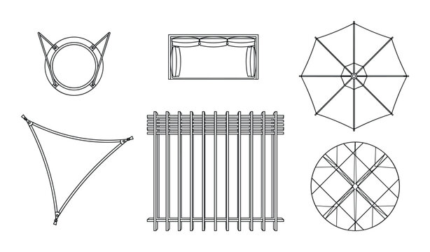 Architectural plan landscape design elements vector illustration, top view of garden furniture and objects