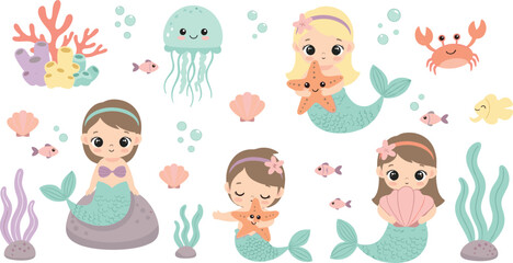 Cute Mermaid Characters and Underwater Sea Creatures Collection with Jellyfish, Crab, Fish, Coral and Ocean Elements Cartoon Vector IllustrationCute Mermaid Characters and Underwater Sea Creatures Col