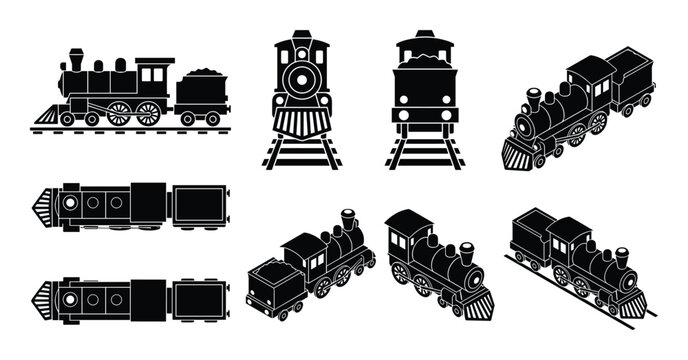 Collection of black silhouette steam locomotives and carriages in various isometric and front views