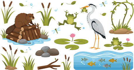 Cute Pond Wildlife Cartoon Set with Beaver, Frog, Heron, Fish, Water Plants, Lily Pads and Wetland Nature ElementsCute Pond Wildlife Cartoon Set with Beaver, Frog, Heron, Fish, Water Plants, Lily Pads © Md