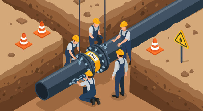 Workers installing large pipeline in trench.