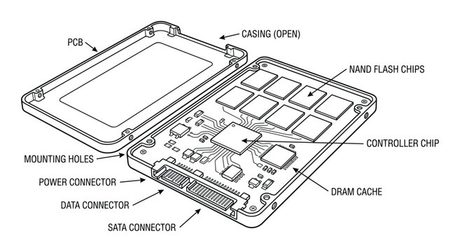 Solid state drive exploded view with internal components: casing, PCB, NAND flash, controller chip, DRAM cache, connectors