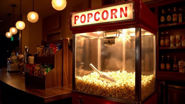 Illuminated classic commercial popcorn machine glows brightly on a wooden counter filled with freshly popped kernels ready for serving in a dimly lit venue.