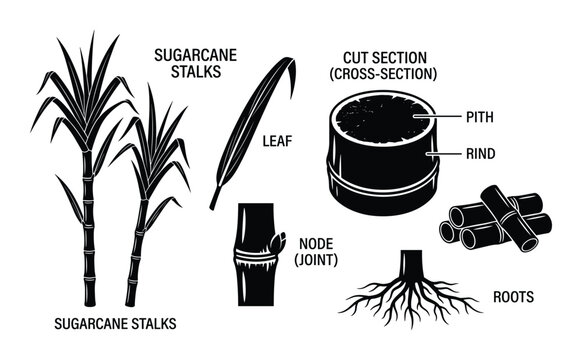 Sugarcane plant stalks leaf node joint roots and cut section cross-section diagram