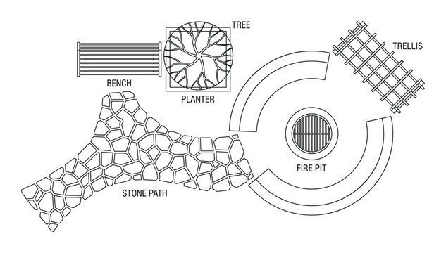 Garden landscape design elements top view with bench planter fire pit trellis and stone path