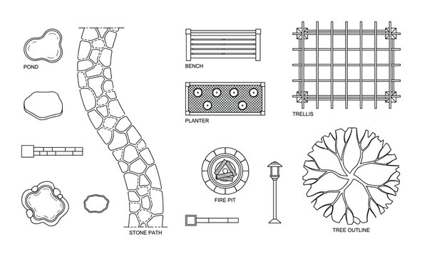 Collection of top view landscape elements for garden and architectural design: pond, path, bench, planter, fire pit, lamp, tree