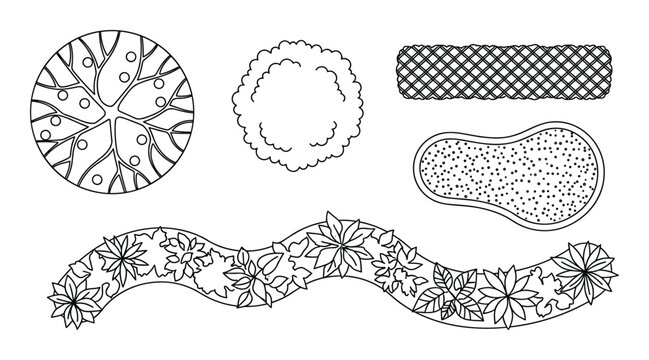 Landscape design elements top view including fruit tree shrub hedge flower bed and perennial border vector