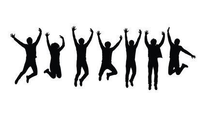 Seven people jumping in the air with their arms raised