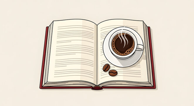 Open book with a cup of coffee and coffee beans a concept for reading relaxation and education isolated on a light background