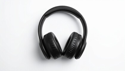 Fototapeta premium A pair of black over-ear headphones resting on a white surface, perfect for music listening and audio production