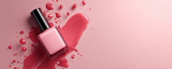 Pink nail polish bottle with glossy finish lying on a pink surface surrounded by splatters and droplets of matching nail polish, close-animated movie shot