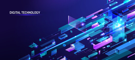 Obraz na płótnie Canvas Dynamic digital technology background. Abstract isometric flow, glowing fragments, lines. AI, big data network concept for modern business, cyber security, communication. Futuristic blue-purple design