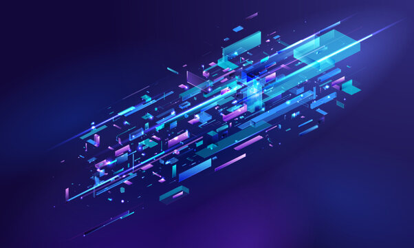 Dynamic digital network flow. Abstract isometric tech fragments, glowing lines. AI, blockchain infrastructure concept for data transfer, cyber space modern business. Futuristic blue-purple background