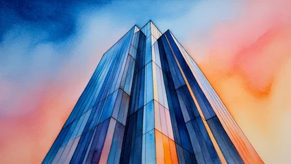 Fotobehang Aquarelschilderij wolkenkrabber Modern Skyscraper Watercolor Painting  © vichate