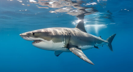 Fototapeta premium Great white shark swimming underwater in clear blue ocean a powerful predator in its natural marine habitat wildlife photography