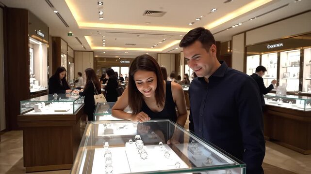 Affectionate couple attentively browsing sparkling diamond engagement rings displayed inside a luxury jewelry store showcase examining potential purchase options together.