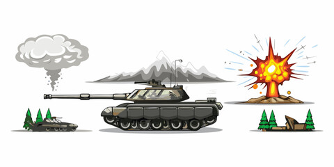 Cartoon tank amidst an explosion and mountainous landscape with smoke © Raben