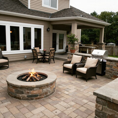 Fototapeta premium Breathtaking luxury residential backyard featuring a modern circular seating area around a cozy fire pit, surrounded by beautiful green nature landscaping.