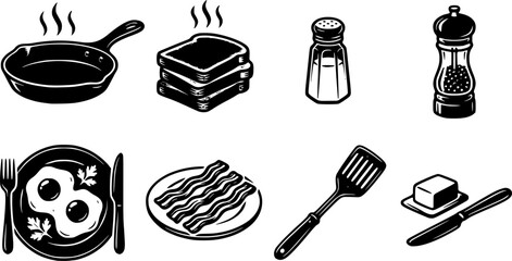 Flat design breakfast icon set showing fried egg bacon skillet spatula plate fork and knife salt shaker and steam toast