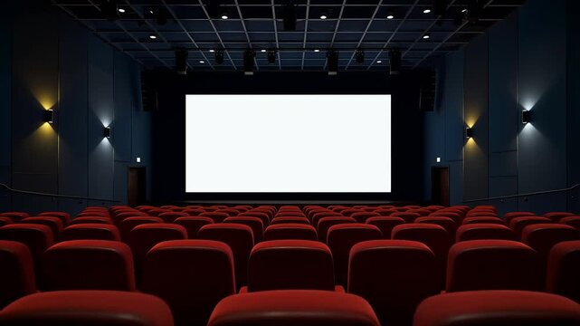 Modern empty cinema hall with plush red seats awaiting an audience to experience the magic of film on the large blank white screen creating an immersive viewing environment perfect for movie