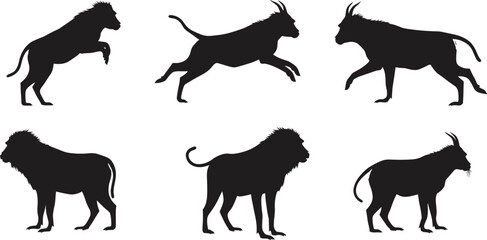 Mythical creature silhouettes, hybrid feline canine poses, fantasy beast, horned animal, wildlife vector illustration design set © Khaleda Creative