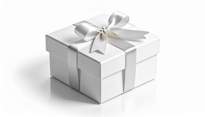 Obraz premium Elegant white gift box meticulously tied with a lustrous satin ribbon, symbolizing a thoughtful present, surprise, and the joy of a special occasion, isolated on a pristine white background