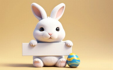 Fototapeta premium Cute white bunny holds sign beside colorful Easter egg on warm