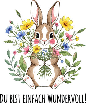 Cute watercolor bunny vector illustration holding a spring wildflower bouquet with german greeting text du bist einfach wundervoll, 18 words.