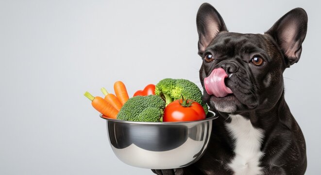 French Bulldog Dog Licking Lips Ready to Eat Bowl of Fresh Vegetables Broccoli Carrots Tomato Healthy Eating Diet Nutrition Photography