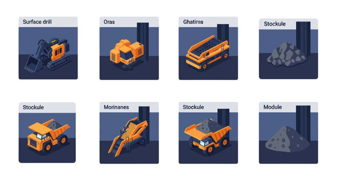 Mining equipment and materials collection in isometric view.