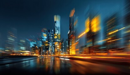 High-substance motion blur of vibrant city streets at night with streaks of colorful lights and illuminated skyscrapers