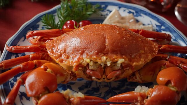 青白い絵付けの大皿に再構成した茹でガニを季節感ある光で撮影