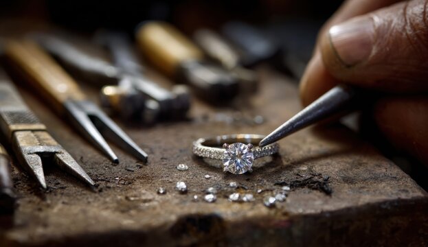Jewelry craftsman repairing an engagement ring with a large central diamond and detailed band, using precision tools in a workshop setting