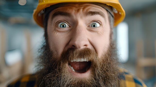 A construction worker wea a hard hat stares wide-eyed and yells with a beard cove his face expressing shock at the construction site.