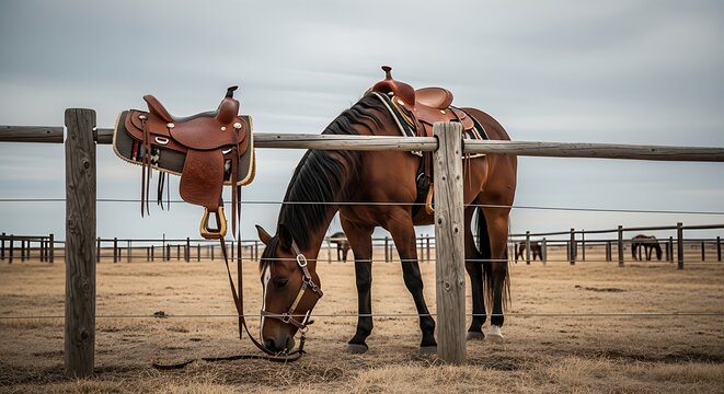 A brown horse grazes peacefully in a fenced field with a saddle on its back under a cloudy sky.