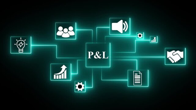 Cloud P&L network diagram with glowing neon icons for business growth customer service teamwork and cyber security on black background. 4k animation video.
