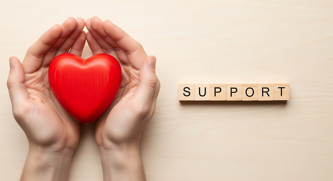 Hands holding red heart symbol for support