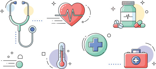 Set of medical diagnostic icons including stethoscope thermometer heart pulse and medicine bottle in flat line art illustration © Bappi