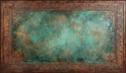 Large blank canvas with antique copper patina featuring textured surface and ornate carved wooden frame