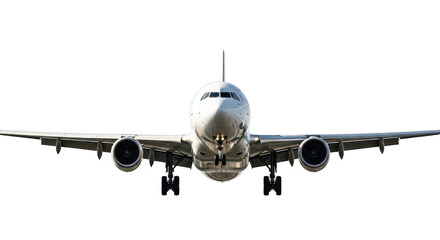 Commercial airplane flying towards camera in clear sky with white background