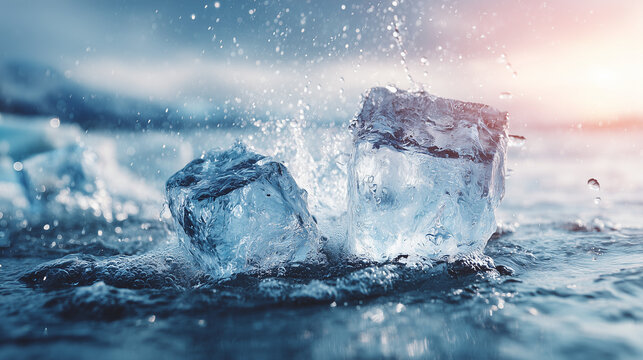 Refreshing Ice Cubes Splashing into Cool Blue Water